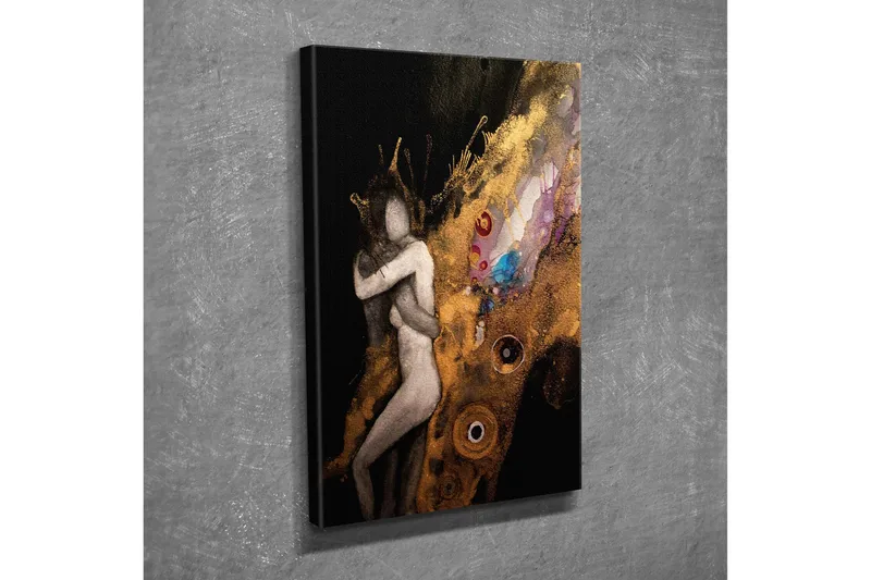 Lille lærredstryk 30x40 cm - Intimt par i en omfavnende gestus med abstrakte elementer - Guld / Sort / Beige - Boligtilbehør - Billeder & kunst - Billeder på lærred