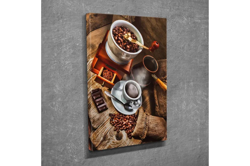 Lille lærredstryk 30x40 cm - Kaffe- og chokoladekomposition med ristede kaffebønner, Brun / Beige / Sort