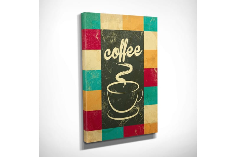 Lille lærredstryk 30x40 cm - Kop med dampende kaffe og teksten coffee - Mørkegrøn / Turkis / Rød - Boligtilbehør - Billeder & kunst - Billeder på lærred