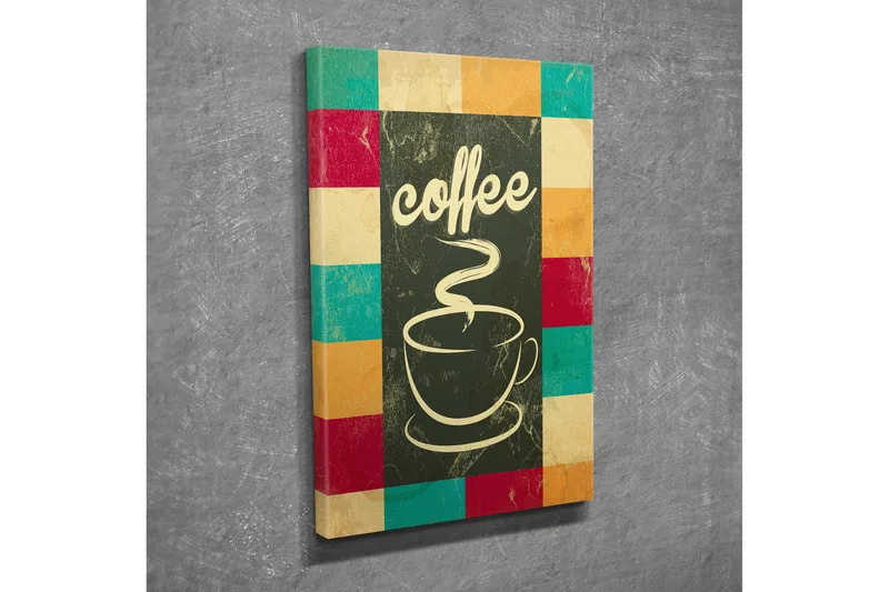 Lille lærredstryk 30x40 cm - Kop med dampende kaffe og teksten coffee, Mørkegrøn / Turkis / Rød