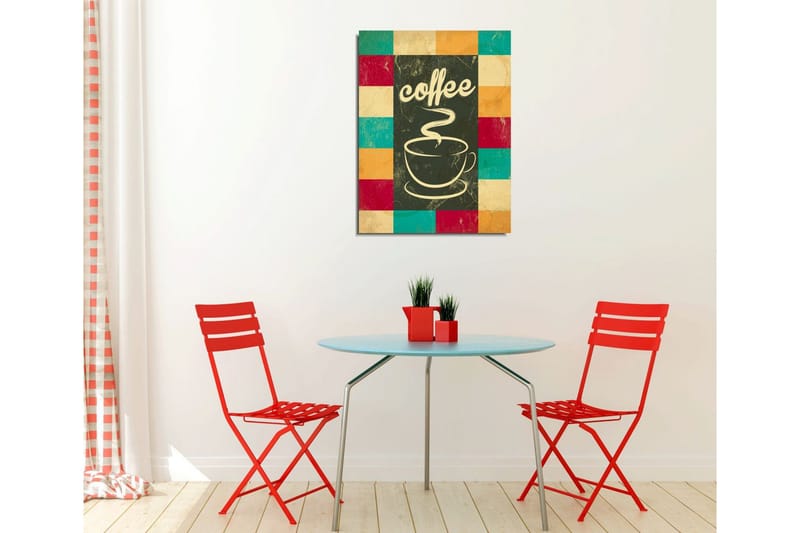 Lille lærredstryk 30x40 cm - Kop med dampende kaffe og teksten coffee - Mørkegrøn / Turkis / Rød - Boligtilbehør - Billeder & kunst - Billeder på lærred