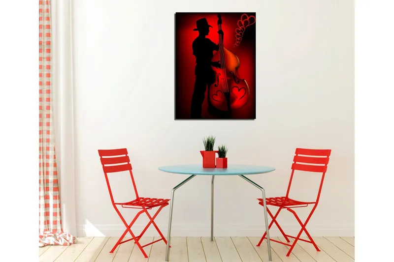 Lille lærredstryk 30x40 cm - Silhuet af en musiker, der spiller kontrabas med hjerteformede detaljer - Rød / Sort - Boligtilbehør - Billeder & kunst - Billeder på lærred