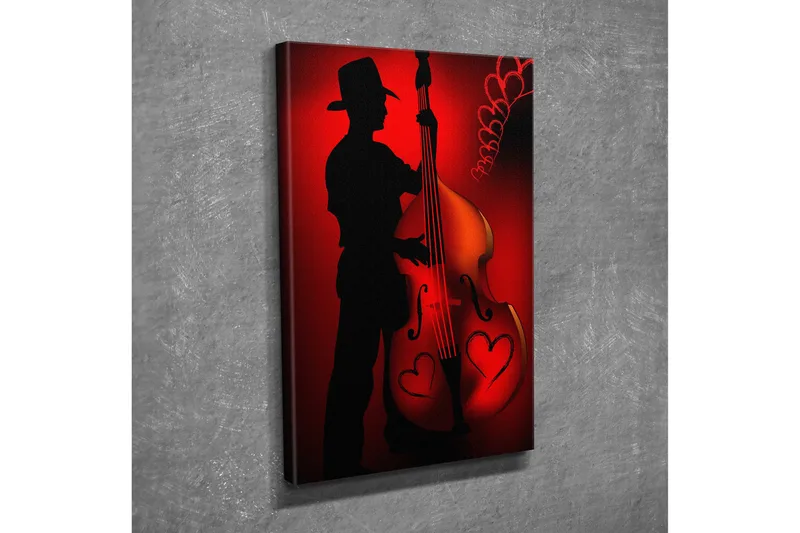 Lille lærredstryk 30x40 cm - Silhuet af en musiker, der spiller kontrabas med hjerteformede detaljer - Rød / Sort - Boligtilbehør - Billeder & kunst - Billeder på lærred