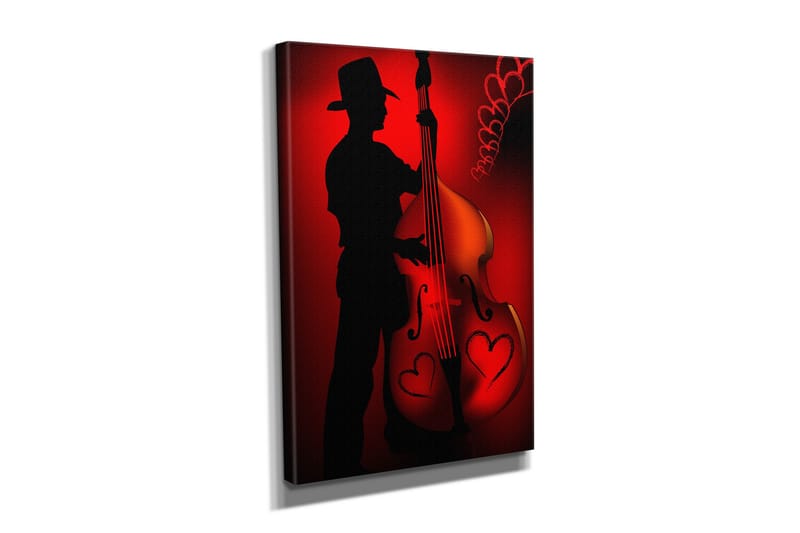 Lille lærredstryk 30x40 cm - Silhuet af en musiker, der spiller kontrabas med hjerteformede detaljer - Rød / Sort - Boligtilbehør - Billeder & kunst - Billeder på lærred