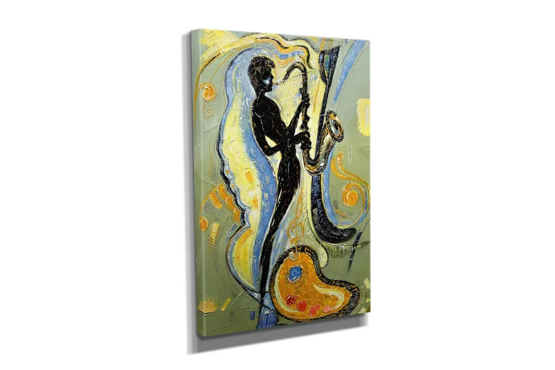 Lille lærredstryk 30x40 cm - Silhuet af en saxofonist i en dynamisk komposition - Sort / Guld / Lyseblå - Boligtilbehør - Billeder & kunst - Billeder på lærred
