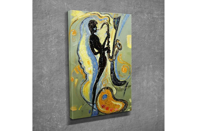 Lille lærredstryk 30x40 cm - Silhuet af en saxofonist i en dynamisk komposition - Sort / Guld / Lyseblå - Boligtilbehør - Billeder & kunst - Billeder på lærred