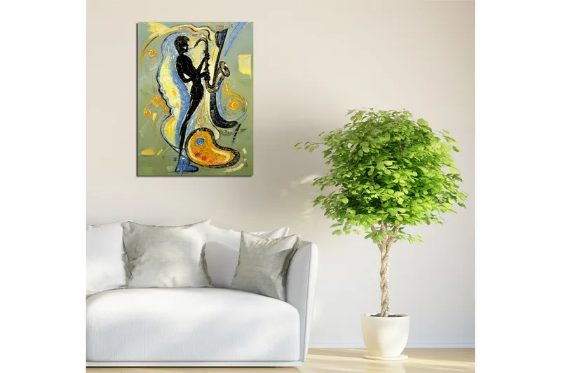 Lille lærredstryk 30x40 cm - Silhuet af en saxofonist i en dynamisk komposition - Sort / Guld / Lyseblå - Boligtilbehør - Billeder & kunst - Billeder på lærred