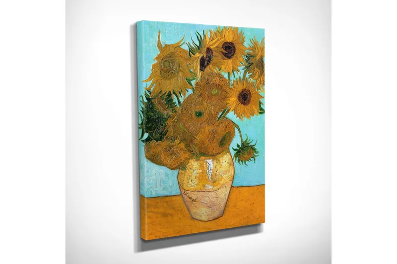 Lille lærredstryk 30x40 cm - Solsikker i vase med lyseblå baggrund - Gul / Grøn / Orange - Boligtilbehør - Billeder & kunst - Billeder på lærred