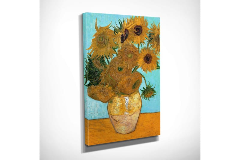 Lille lærredstryk 30x40 cm - Solsikker i vase med lyseblå baggrund - Gul / Grøn / Orange - Boligtilbehør - Billeder & kunst - Billeder på lærred