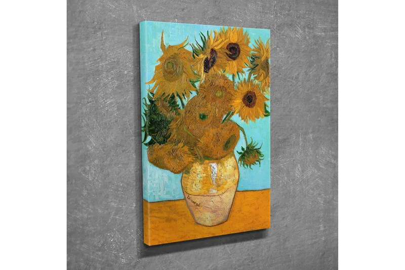 Lille lærredstryk 30x40 cm - Solsikker i vase med lyseblå baggrund - Gul / Grøn / Orange - Boligtilbehør - Billeder & kunst - Billeder på lærred