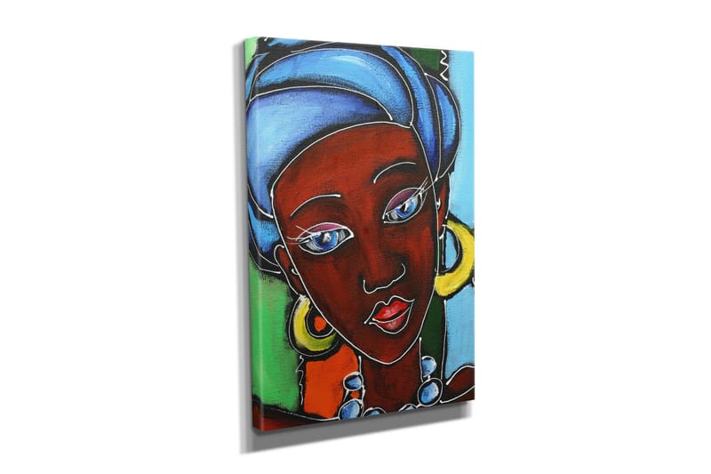 Lille lærredstryk 30x40 cm - Portræt af en kvinde med farverig hovedbeklædning og smykker - Mørkerød / Blå / Grøn - Boligtilbehør - Billeder & kunst - Billeder på lærred