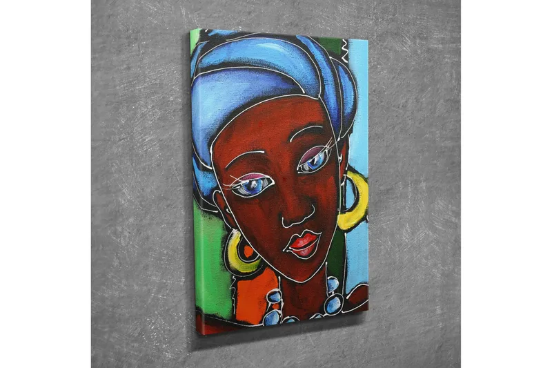 Lille lærredstryk 30x40 cm - Portræt af en kvinde med farverig hovedbeklædning og smykker - Mørkerød / Blå / Grøn - Boligtilbehør - Billeder & kunst - Billeder på lærred