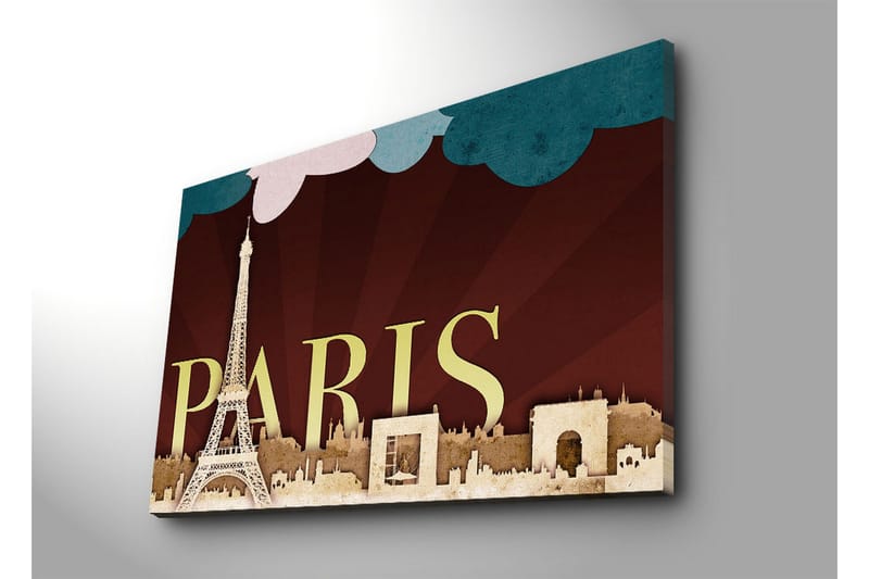 Stort lærredstryk 100x70 cm - Silhuet af Paris med Eiffeltårnet og byens ikoniske bygninger - Mørkerød / Beige / Turkis - Boligtilbehør - Billeder & kunst - Billeder på lærred