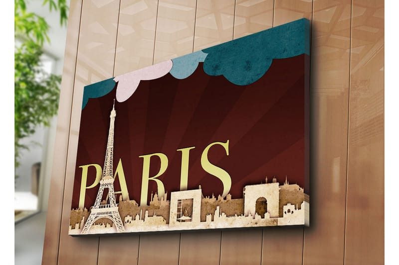Stort lærredstryk 100x70 cm - Silhuet af Paris med Eiffeltårnet og byens ikoniske bygninger - Mørkerød / Beige / Turkis - Boligtilbehør - Billeder & kunst - Billeder på lærred