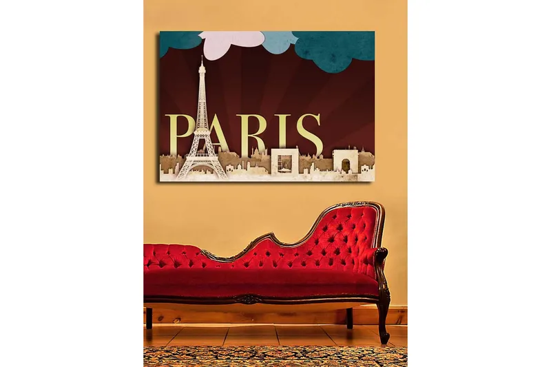 Stort lærredstryk 100x70 cm - Silhuet af Paris med Eiffeltårnet og byens ikoniske bygninger - Mørkerød / Beige / Turkis - Boligtilbehør - Billeder & kunst - Billeder på lærred