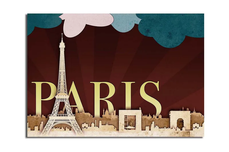 Stort lærredstryk 100x70 cm - Silhuet af Paris med Eiffeltårnet og byens ikoniske bygninger - Mørkerød / Beige / Turkis - Boligtilbehør - Billeder & kunst - Billeder på lærred