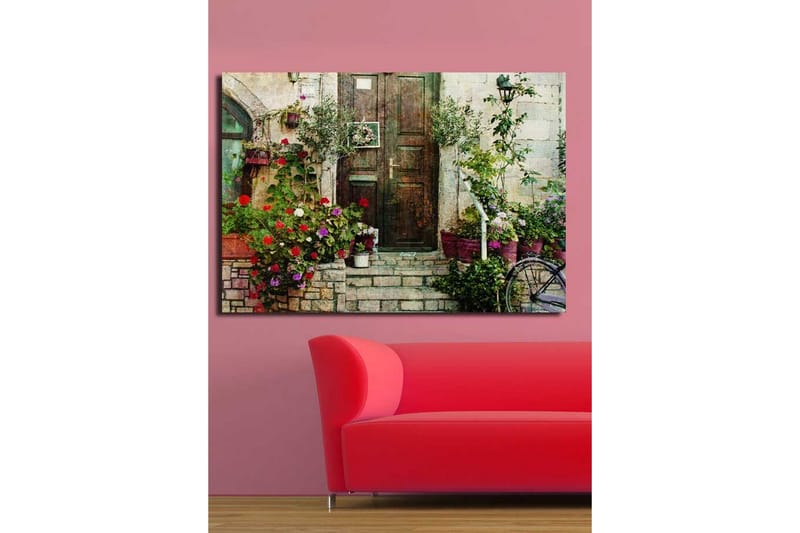 Stort lærredstryk 100x70 cm - Smuk dør omgivet af farverige blomster og grønt - Rød / Grøn / Lilla - Boligtilbehør - Billeder & kunst - Billeder på lærred
