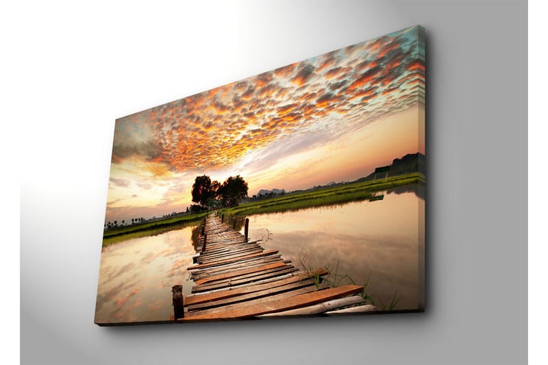 Stort lærredstryk 100x70 cm - Smuk solnedgang over en træbro over stille vand - Orange / Grøn / Brun - Boligtilbehør - Billeder & kunst - Billeder på lærred
