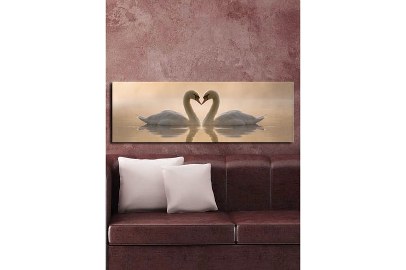 Stort lærredstryk 90x30 cm - To svaner danner et hjerte med deres halse - Hvid / Beige - Boligtilbehør - Billeder & kunst - Billeder på lærred