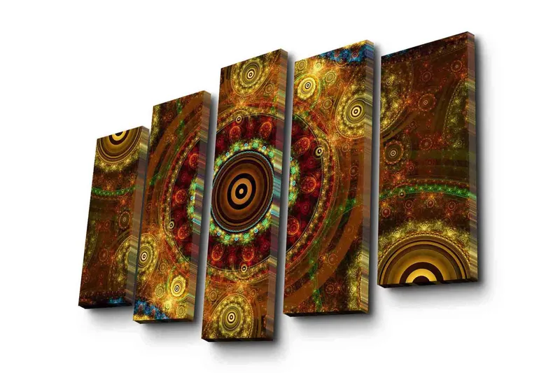 Stort lærredstryk i 5 dele 105x70 cm - Abstrakt komposition med cirkulære mønstre - Guld / Brun / Rødbrun - Boligtilbehør - Billeder & kunst - Billeder på lærred