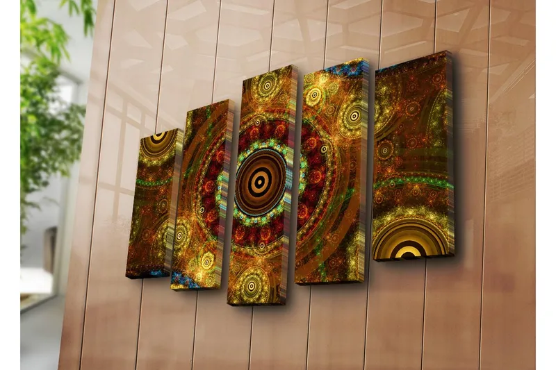 Stort lærredstryk i 5 dele 105x70 cm - Abstrakt komposition med cirkulære mønstre - Guld / Brun / Rødbrun - Boligtilbehør - Billeder & kunst - Billeder på lærred