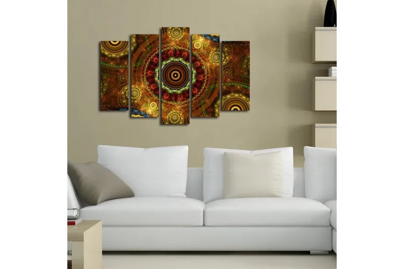 Stort lærredstryk i 5 dele 105x70 cm - Abstrakt komposition med cirkulære mønstre - Guld / Brun / Rødbrun - Boligtilbehør - Billeder & kunst - Billeder på lærred