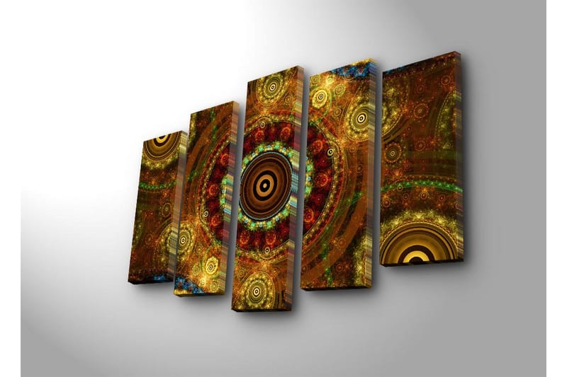 Stort lærredstryk i 5 dele 105x70 cm - Abstrakt komposition med cirkulære mønstre - Guld / Brun / Rødbrun - Boligtilbehør - Billeder & kunst - Billeder på lærred