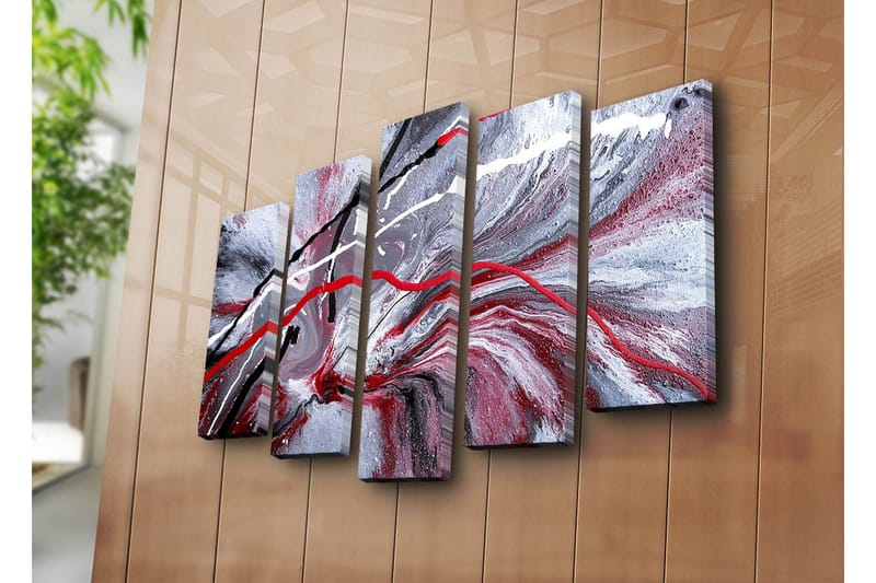 Stort lærredstryk i 5 dele 105x70 cm - Abstrakt komposition med røde og sorte linjer mod en grå baggrund - Rød / Sort / Grå - Boligtilbehør - Billeder & kunst - Billeder på lærred