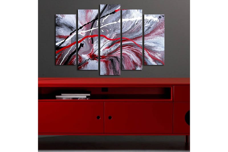 Stort lærredstryk i 5 dele 105x70 cm - Abstrakt komposition med røde og sorte linjer mod en grå baggrund - Rød / Sort / Grå - Boligtilbehør - Billeder & kunst - Billeder på lærred