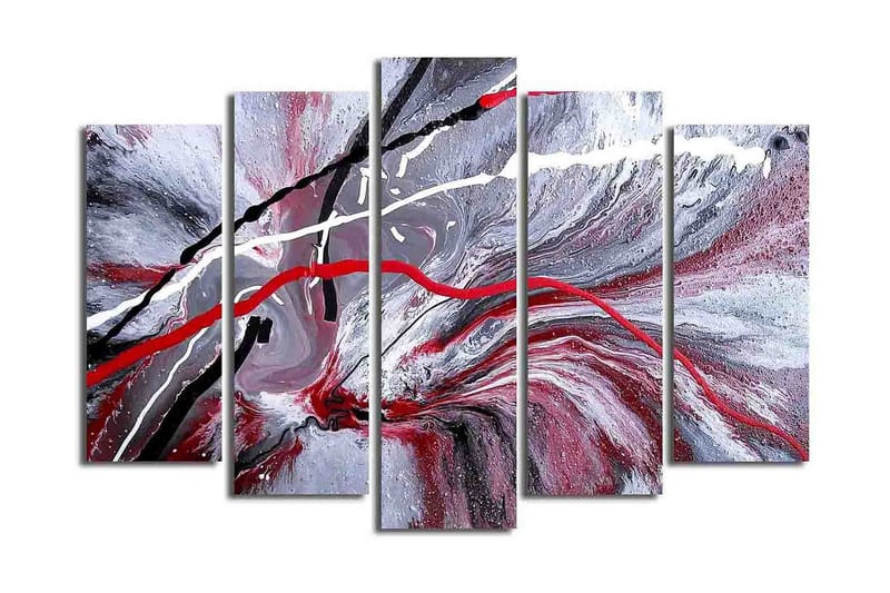 Stort lærredstryk i 5 dele 105x70 cm - Abstrakt komposition med røde og sorte linjer mod en grå baggrund - Rød / Sort / Grå - Boligtilbehør - Billeder & kunst - Billeder på lærred