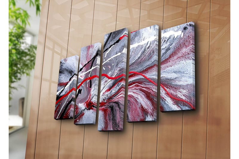 Stort lærredstryk i 5 dele 105x70 cm - Abstrakt komposition med røde og sorte linjer mod en grå baggrund - Rød / Sort / Grå - Boligtilbehør - Billeder & kunst - Billeder på lærred