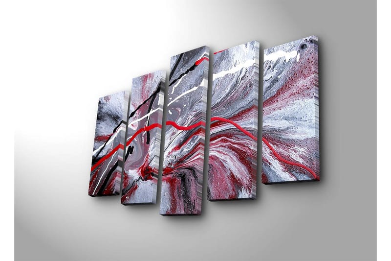 Stort lærredstryk i 5 dele 105x70 cm - Abstrakt komposition med røde og sorte linjer mod en grå baggrund - Rød / Sort / Grå - Boligtilbehør - Billeder & kunst - Billeder på lærred
