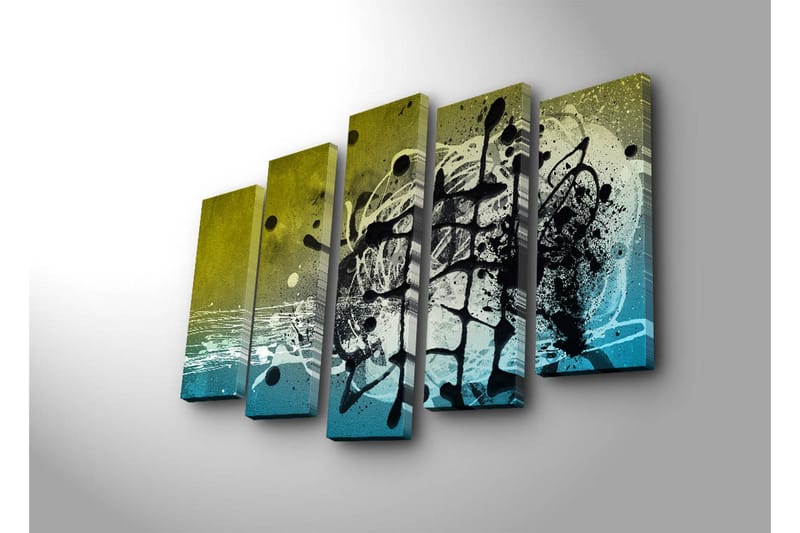 Stort lærredstryk i 5 dele 105x70 cm - Abstrakt komposition med sorte og blå former - Sort / Blå / Grøn - Boligtilbehør - Billeder & kunst - Billeder på lærred