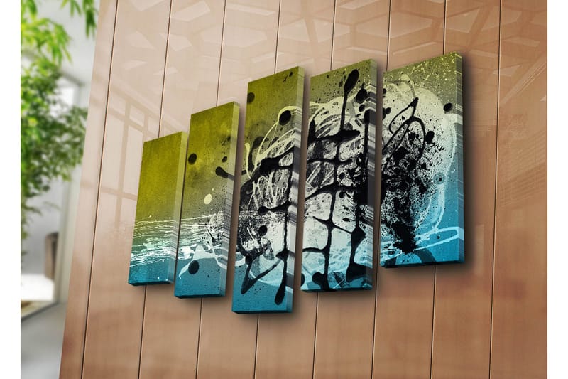 Stort lærredstryk i 5 dele 105x70 cm - Abstrakt komposition med sorte og blå former - Sort / Blå / Grøn - Boligtilbehør - Billeder & kunst - Billeder på lærred