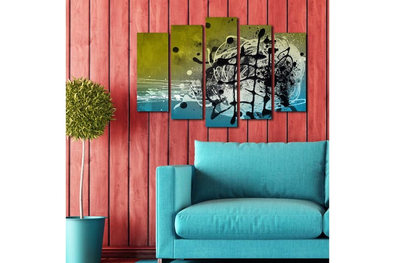 Stort lærredstryk i 5 dele 105x70 cm - Abstrakt komposition med sorte og blå former - Sort / Blå / Grøn - Boligtilbehør - Billeder & kunst - Billeder på lærred