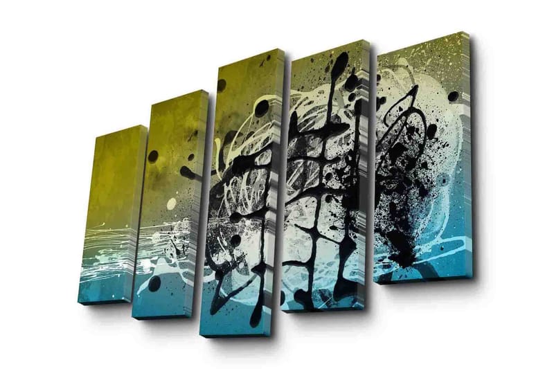 Stort lærredstryk i 5 dele 105x70 cm - Abstrakt komposition med sorte og blå former - Sort / Blå / Grøn - Boligtilbehør - Billeder & kunst - Billeder på lærred