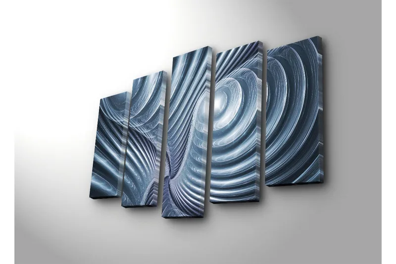 Stort lærredstryk i 5 dele 105x70 cm - Abstrakt komposition med spiraler og bølger - Blå / Grå / Hvid - Boligtilbehør - Billeder & kunst - Billeder på lærred