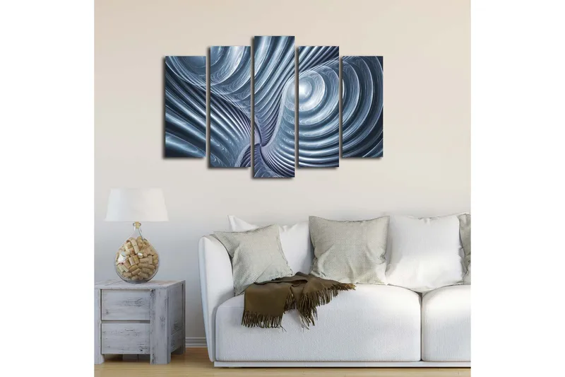 Stort lærredstryk i 5 dele 105x70 cm - Abstrakt komposition med spiraler og bølger - Blå / Grå / Hvid - Boligtilbehør - Billeder & kunst - Billeder på lærred