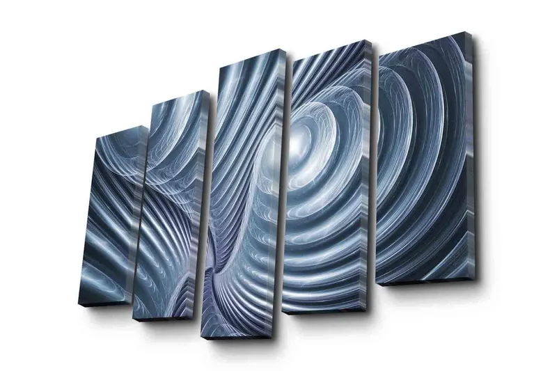 Stort lærredstryk i 5 dele 105x70 cm - Abstrakt komposition med spiraler og bølger - Blå / Grå / Hvid - Boligtilbehør - Billeder & kunst - Billeder på lærred
