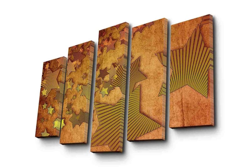 Stort lærredstryk i 5 dele 105x70 cm - Abstrakt komposition med stjerner i forskellige former - Guld / Brun / Beige - Boligtilbehør - Billeder & kunst - Billeder på lærred