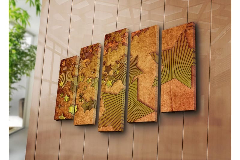 Stort lærredstryk i 5 dele 105x70 cm - Abstrakt komposition med stjerner i forskellige former - Guld / Brun / Beige - Boligtilbehør - Billeder & kunst - Billeder på lærred