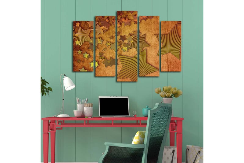 Stort lærredstryk i 5 dele 105x70 cm - Abstrakt komposition med stjerner i forskellige former - Guld / Brun / Beige - Boligtilbehør - Billeder & kunst - Billeder på lærred