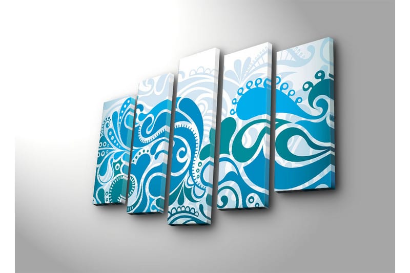 Stort lærredstryk i 5 dele 105x70 cm - Abstrakt komposition med svingende mønstre i forskellige blå nuancer - Mørkeblå / Lyseblå / Hvid - Boligtilbehør - Billeder & kunst - Billeder på lærred