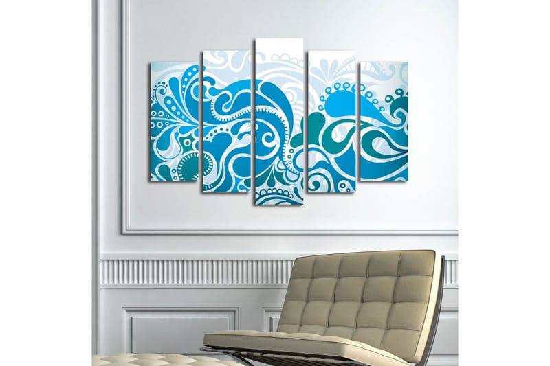 Stort lærredstryk i 5 dele 105x70 cm - Abstrakt komposition med svingende mønstre i forskellige blå nuancer - Mørkeblå / Lyseblå / Hvid - Boligtilbehør - Billeder & kunst - Billeder på lærred