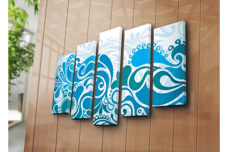 Stort lærredstryk i 5 dele 105x70 cm - Abstrakt komposition med svingende mønstre i forskellige blå nuancer - Mørkeblå / Lyseblå / Hvid - Boligtilbehør - Billeder & kunst - Billeder på lærred