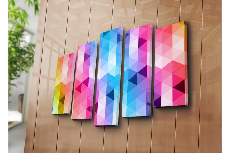Stort lærredstryk i 5 dele 105x70 cm - Abstrakt komposition med trekantede mønstre i stærke farver - Lyserød / Blå / Lilla - Boligtilbehør - Billeder & kunst - Billeder på lærred