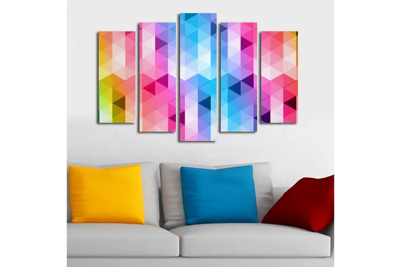 Stort lærredstryk i 5 dele 105x70 cm - Abstrakt komposition med trekantede mønstre i stærke farver - Lyserød / Blå / Lilla - Boligtilbehør - Billeder & kunst - Billeder på lærred