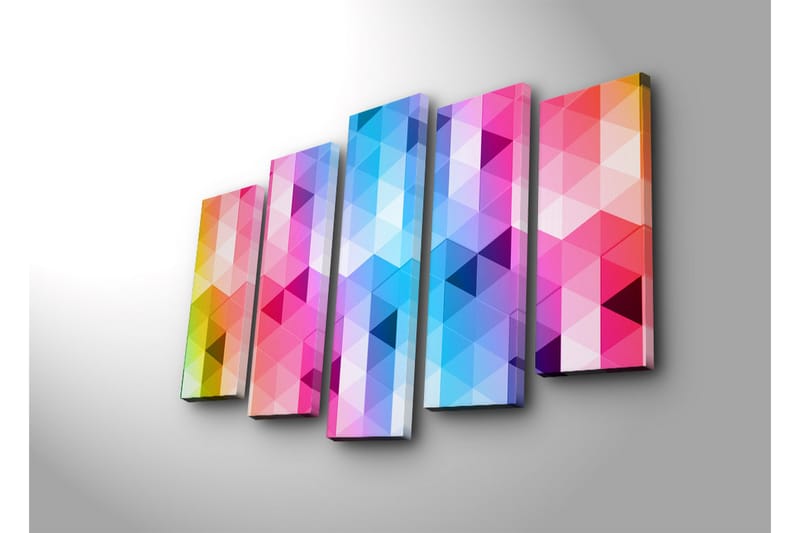 Stort lærredstryk i 5 dele 105x70 cm - Abstrakt komposition med trekantede mønstre i stærke farver - Lyserød / Blå / Lilla - Boligtilbehør - Billeder & kunst - Billeder på lærred