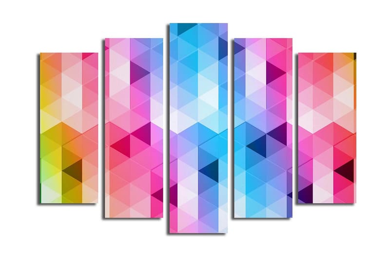 Stort lærredstryk i 5 dele 105x70 cm - Abstrakt komposition med trekantede mønstre i stærke farver - Lyserød / Blå / Lilla - Boligtilbehør - Billeder & kunst - Billeder på lærred