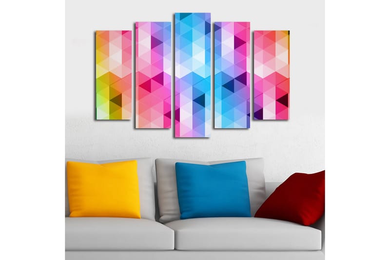 Stort lærredstryk i 5 dele 105x70 cm - Abstrakt komposition med trekantede mønstre i stærke farver - Lyserød / Blå / Lilla - Boligtilbehør - Billeder & kunst - Billeder på lærred